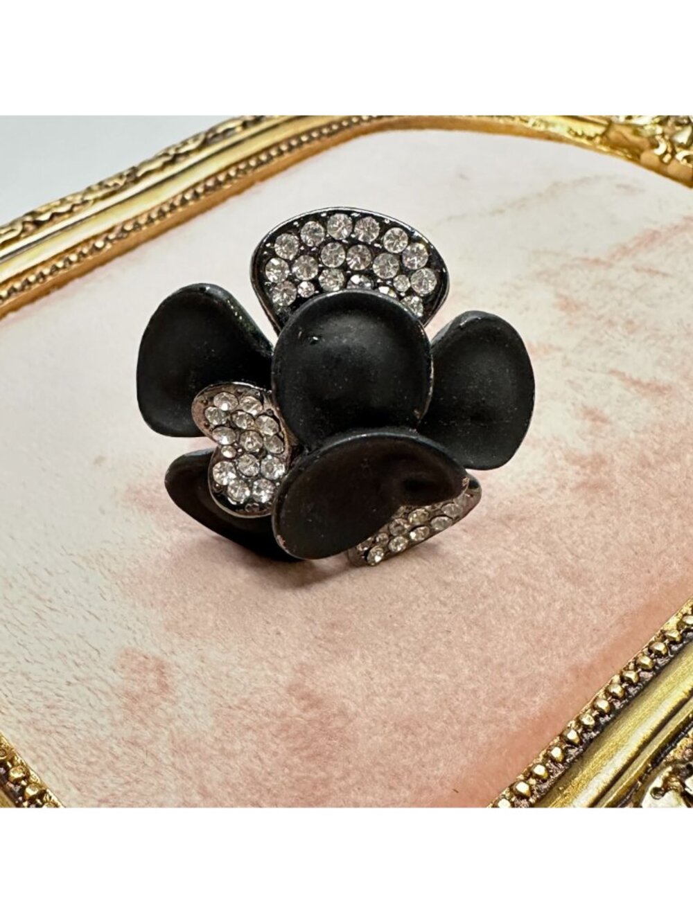 Black Matte Flower Scarf Clip With Crystal Accents Vintage Style - Picture 5 of 10